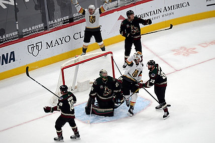 Jan 24, 2021; Glendale, Arizona, USA; Vegas Golden Knights center William Karlsson (71) celebrates his goal against the Arizona Coyotes during the third period at Gila River Arena. Mandatory Credit: Joe Camporeale-USA TODAY Sports