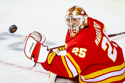 Jan 26, 2021; Calgary, Alberta, CAN; Calgary Flames goaltender Jacob Markstrom (25) guards his net against the Toronto Maple Leafs during the first period at Scotiabank Saddledome. Mandatory Credit: Sergei Belski-USA TODAY Sports