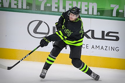 Jan 28, 2021; Dallas, Texas, USA; Dallas Stars right wing Denis Gurianov (34) shoots the puck on the Detroit Red Wings net during the third period at the American Airlines Center. Mandatory Credit: Jerome Miron-USA TODAY Sports