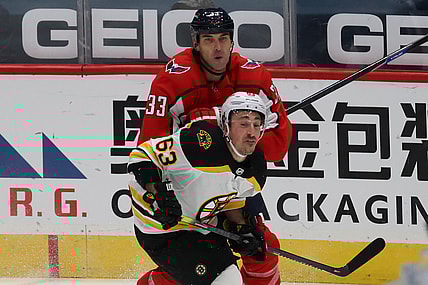 Jan 30, 2021; Washington, District of Columbia, USA; Washington Capitals defenseman Zdeno Chara (33) checks Boston Bruins left wing Brad Marchand (63) in the first period at Capital One Arena. Mandatory Credit: Geoff Burke-USA TODAY Sports