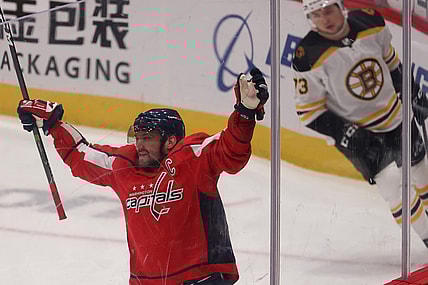 Jan 30, 2021; Washington, District of Columbia, USA; Washington Capitals left wing Alex Ovechkin (8) celebrates after scoring the game winning goal in overtime against the Boston Bruins at Capital One Arena. Mandatory Credit: Geoff Burke-USA TODAY Sports