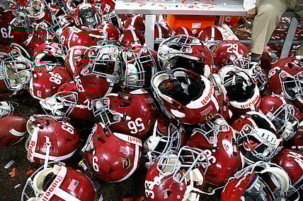 Jan 8, 2018; Atlanta, GA, USA; Detailed view of Alabama Crimson Tide player helmets on the ground after defeating the Georgia Bulldogs in the 2018 CFP national championship college football game at Mercedes-Benz Stadium. Mandatory Credit: Mark J. Rebilas-USA TODAY Sports