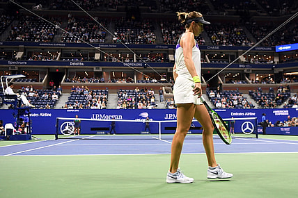 Sep 5, 2019; Flushing, NY, USA; Belinda Bencic of Switzerland walks onto the court to face Bianca Andreescu of Canada in a semifinal match on day eleven of the 2019 US Open tennis tournament at USTA Billie Jean King National Tennis Center. Mandatory Credit: Danielle Parhizkaran-USA TODAY Sports
