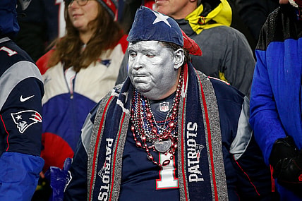 Jan 4, 2020; Foxborough, Massachusetts, USA;  A New England Patriots fan watches the end of a game against the Tennessee Titans at Gillette Stadium. Mandatory Credit: Greg M. Cooper-USA TODAY Sports