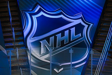 Aug 13, 2020; Edmonton, Alberta, CAN; General view of NHL logo in the stands during the warmup period between the Dallas Stars and the Calgary Flames in game two of the first round of the 2020 Stanley Cup Playoffs at Rogers Place. Mandatory Credit: Sergei Belski-USA TODAY Sports