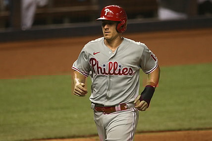 Sep 12, 2020; Miami, Florida, USA; Philadelphia Phillies catcher J.T. Realmuto (10) scores a run in the fifth inning against the Miami Marlins at Marlins Park. Mandatory Credit: Sam Navarro-USA TODAY Sports