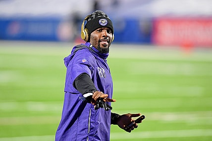 Jan 16, 2021; Orchard Park, New York, USA; Baltimore Ravens wide receiver Dez Bryant (88) during warmups before an AFC Divisional Round playoff game against the Buffalo Bills at Bills Stadium. Mandatory Credit: Rich Barnes-USA TODAY Sports