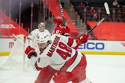 Jan 16, 2021; Detroit, Michigan, USA; Carolina Hurricanes left wing Jordan Martinook against the Detroit Red Wings at Little Caesars Arena. Mandatory Credit: Eric Bronson-USA TODAY Sports