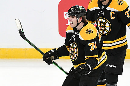 Jan 21, 2021; Boston, Massachusetts, USA; Boston Bruins left wing Jake DeBrusk (74) reacts after the Bruins defeated the Philadelphia Flyers in a shootout at the TD Garden. Mandatory Credit: Brian Fluharty-USA TODAY Sports