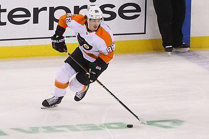 Jan 26, 2021; Newark, New Jersey, USA; Philadelphia Flyers left wing Joel Farabee (86) skates with the puck during the second period of their game against the New Jersey Devils at Prudential Center. Mandatory Credit: Ed Mulholland-USA TODAY Sports