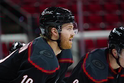 Jan 28, 2021; Raleigh, North Carolina, USA;  Carolina Hurricanes defenseman Dougie Hamilton (19) looks on against the Tampa Bay Lightning  at PNC Arena. Mandatory Credit: James Guillory-USA TODAY Sports