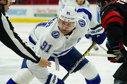 Jan 28, 2021; Raleigh, North Carolina, USA;  Tampa Bay Lightning center Steven Stamkos (91) gets ready to take a face off against the Carolina Hurricanes at PNC Arena. Mandatory Credit: James Guillory-USA TODAY Sports