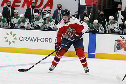 Feb 2, 2021; Columbus, Ohio, USA; Columbus Blue Jackets right wing Patrik Laine (29) looks to pass against the Dallas Stars during the third period at Nationwide Arena. Mandatory Credit: Russell LaBounty-USA TODAY Sports