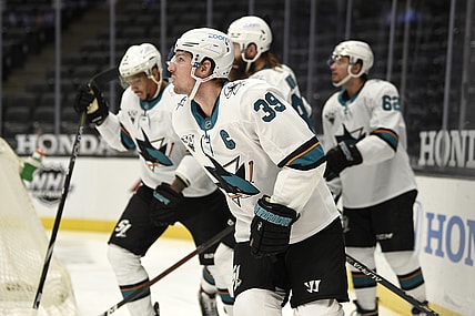 Feb 6, 2021; Anaheim, California, USA; San Jose Sharks center Logan Couture (39) skates back to the bench after scoring a goal during the first period against the Anaheim Ducks at Honda Center. Mandatory Credit: Kelvin Kuo-USA TODAY Sports