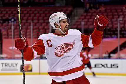 Feb 7, 2021; Sunrise, Florida, USA; Detroit Red Wings center Dylan Larkin (71) celebrates the goal scored by center Vladislav Namestnikov (92, not pictured) during the third period against the Florida Panthers at BB&T Center. Mandatory Credit: Jasen Vinlove-USA TODAY Sports