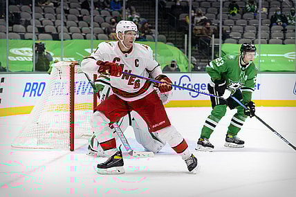 Feb 11, 2021; Dallas, Texas, USA; Carolina Hurricanes center Jordan Staal (11) skates against the Dallas Stars during the third period at the American Airlines Center. Mandatory Credit: Jerome Miron-USA TODAY Sports
