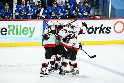 Feb 13, 2021; Winnipeg, Manitoba, CAN;  Ottawa Senators forward Brady Tkachuk (7) celebrates his goal scored against the Winnipeg Jets during the third period at Bell MTS Place. Mandatory Credit: Terrence Lee-USA TODAY Sports
