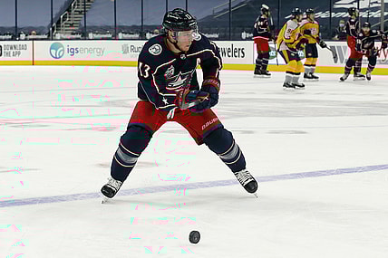 Feb 18, 2021; Columbus, Ohio, USA; Columbus Blue Jackets right wing Cam Atkinson (13) looks to shoot against the Nashville Predators during the first period at Nationwide Arena. Mandatory Credit: Russell LaBounty-USA TODAY Sports