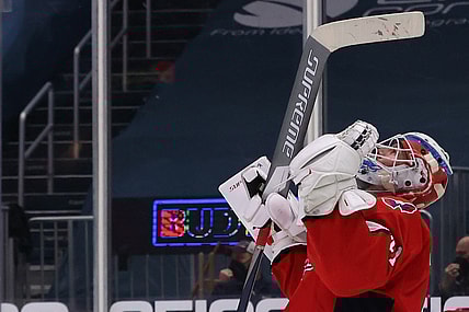 Feb 18, 2021; Washington, District of Columbia, USA; Washington Capitals goaltender Vitek Vanecek (41) celebrates after the Capitals' game against the Buffalo Sabres at Capital One Arena. Mandatory Credit: Geoff Burke-USA TODAY Sports