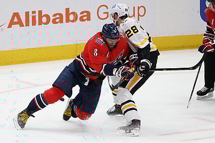 Feb 23, 2021; Washington, District of Columbia, USA; Washington Capitals left wing Alex Ovechkin (8) and Pittsburgh Penguins defenseman Marcus Pettersson (28) battle for the puck in the second period at Capital One Arena. Mandatory Credit: Geoff Burke-USA TODAY Sports