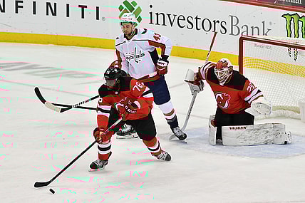 Feb 27, 2021; Newark, New Jersey, USA; New Jersey Devils defenseman P.K. Subban (76) skates with the puck against the Washington Capitals during the first period at Prudential Center. Mandatory Credit: Catalina Fragoso-USA TODAY Sports