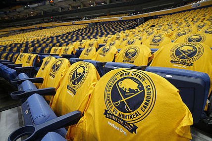 Oct 5, 2017; Buffalo, NY, USA; A general view of Buffalo Sabres home opener t-shirts on the seats at KeyBank Center before a game against the Montreal Canadiens. Mandatory Credit: Timothy T. Ludwig-USA TODAY Sports