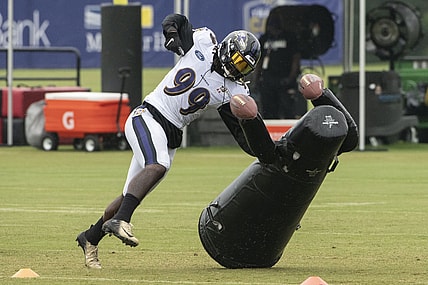 Aug 19, 2020; Owings Mills, Maryland, USA; Baltimore Ravens linebacker Matthew Judon (99) takes part in defensive drills during the morning session of training camp at Under Armour Performance Center. Mandatory Credit: Tommy Gilligan-USA TODAY Sports
