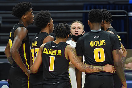 Dec 2, 2020; University Park, Pennsylvania, USA; Virginia Commonwealth Rams head coach Mike Rhoades talks with his team during a time-out in the second half against the Penn State Nittany Lions at the Bryce Jordan Center. Mandatory Credit: Rich Barnes-USA TODAY Sports