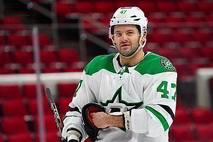 Jan 31, 2021; Raleigh, North Carolina, USA;  Dallas Stars right wing Alexander Radulov (47) looks on against the Carolina Hurricanes at PNC Arena. Mandatory Credit: James Guillory-USA TODAY Sports