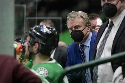 Feb 11, 2021; Dallas, Texas, USA; Dallas Stars head coach Rick Bowness watches the game between the Dallas Stars and the Carolina Hurricanes during the second period at the American Airlines Center. Mandatory Credit: Jerome Miron-USA TODAY Sports