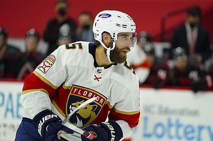 Feb 17, 2021; Raleigh, North Carolina, USA;  Florida Panthers defenseman Aaron Ekblad (5) skates against the Carolina Hurricanes at PNC Arena. Mandatory Credit: James Guillory-USA TODAY Sports