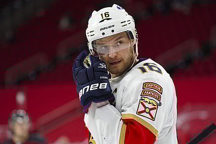 Feb 17, 2021; Raleigh, North Carolina, USA;  Florida Panthers center Aleksander Barkov (16) reacts during a game against the Carolina Hurricanes at PNC Arena. Mandatory Credit: James Guillory-USA TODAY Sports