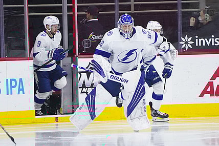 Feb 22, 2021; Raleigh, North Carolina, USA;  Tampa Bay Lightning goaltender Andrei Vasilevskiy (88) comes out onto the ice before the start ofd the period agains the Carolina Hurricanes at PNC Arena. Mandatory Credit: James Guillory-USA TODAY Sports