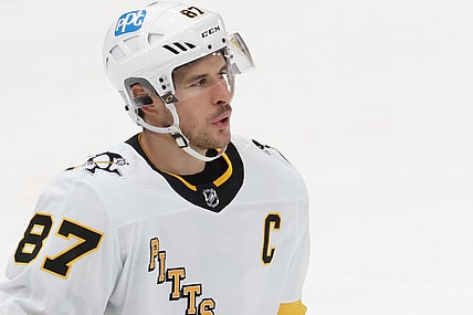 Feb 23, 2021; Washington, District of Columbia, USA; Pittsburgh Penguins center Sidney Crosby (87) stands on the ice against the Washington Capitals at Capital One Arena. Mandatory Credit: Geoff Burke-USA TODAY Sports