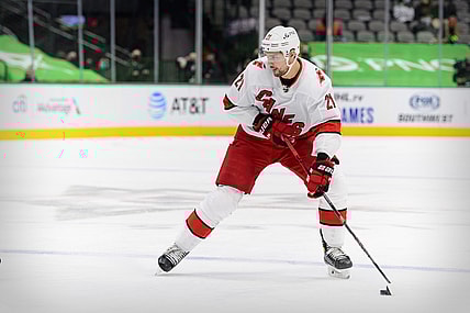 Feb 13, 2021; Dallas, Texas, USA; Carolina Hurricanes right wing Nino Niederreiter (21) in action during the game between the Dallas Stars and the Carolina Hurricanes at the American Airlines Center. Mandatory Credit: Jerome Miron-USA TODAY Sports