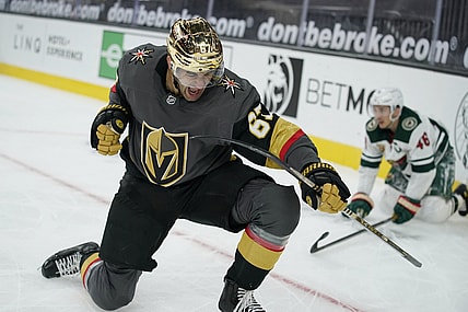 Mar 1, 2021; Las Vegas, Nevada, USA; Vegas Golden Knights left wing Max Pacioretty (67) celebrates after scoring against the Minnesota Wild during overtime at T-Mobile Arena. Mandatory Credit: John Locher-POOL PHOTOS-USA TODAY Sports
