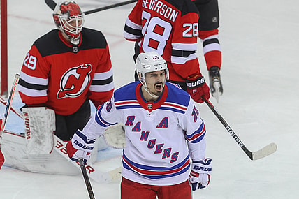 Mar 4, 2021; Newark, New Jersey, USA; New York Rangers left wing Chris Kreider (20) celebrates his goal during the second period of their game against the New Jersey Devils at Prudential Center. Mandatory Credit: Ed Mulholland-USA TODAY Sports