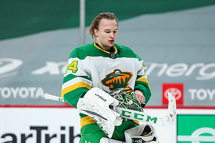 Feb 27, 2021; Saint Paul, Minnesota, USA; Minnesota Wild goaltender Kaapo Kahkonen (34) looks on in the third period during a game against the Los Angeles Kings at Xcel Energy Center. Mandatory Credit: David Berding-USA TODAY Sports