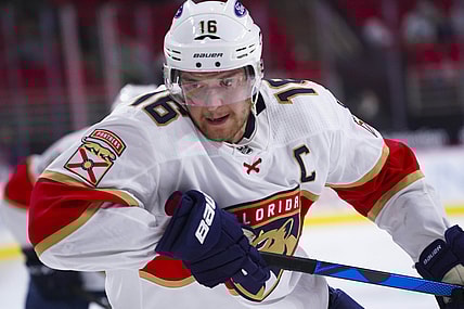 Mar 7, 2021; Raleigh, North Carolina, USA;  Florida Panthers center Aleksander Barkov (16) skates against the Carolina Hurricanes during the third period at PNC Arena. Mandatory Credit: James Guillory-USA TODAY Sports