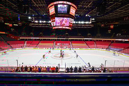 Mar 7, 2021; Calgary, Alberta, CAN; General view of the face off between the Calgary Flames and the Ottawa Senators during the first period at Scotiabank Saddledome. Mandatory Credit: Sergei Belski-USA TODAY Sports
