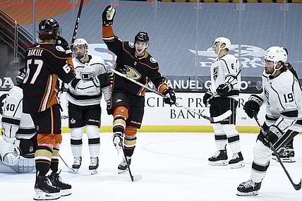 Mar 8, 2021; Anaheim, California, USA; Anaheim Ducks defenseman Ben Hutton (7) reacts after scoring a goal during the second period against the Los Angeles Kings at Honda Center. Mandatory Credit: Kelvin Kuo-USA TODAY Sports