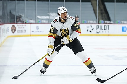 Mar 8, 2021; Saint Paul, Minnesota, USA; Vegas Golden Knights right wing Ryan Reaves (75) skates with the puck in the first period during a game against the Minnesota Wild at Xcel Energy Center. Mandatory Credit: David Berding-USA TODAY Sports