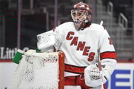 Mar 14, 2021; Detroit, Michigan, USA; Carolina Hurricanes goaltender Alex Nedeljkovic (39) during the second period against the Detroit Red Wings at Little Caesars Arena. Mandatory Credit: Tim Fuller-USA TODAY Sports