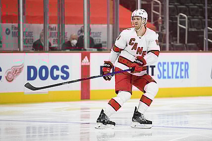 Mar 14, 2021; Detroit, Michigan, USA; Carolina Hurricanes defenseman Dougie Hamilton (19) during the third period against the Detroit Red Wings at Little Caesars Arena. Mandatory Credit: Tim Fuller-USA TODAY Sports
