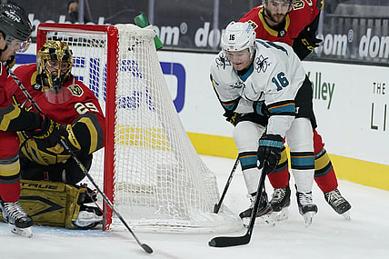 Mar 15, 2021; Las Vegas, Nevada, USA; San Jose Sharks center Ryan Donato (16) attempts a shot on Vegas Golden Knights goaltender Marc-Andre Fleury (29) during the first period of an NHL hockey game Monday, March 15, 2021, in Las Vegas.  Mandatory Credit:  John Locher/POOL PHOTOS-USA TODAY Sports