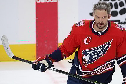 Mar 16, 2021; Washington, District of Columbia, USA; Washington Capitals left wing Alex Ovechkin (8) skates during warmups prior to the Capitals' game against the New York Islanders at Capital One Arena. Mandatory Credit: Geoff Burke-USA TODAY Sports