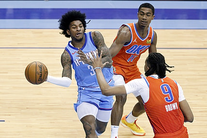 Mar 21, 2021; Houston, TX, USA; Houston Rockets guard Kevin Porter Jr. (3) passes the ball under pressure from Oklahoma City Thunder guard Theo Maledon (11) and Oklahoma City Thunder center Moses Brown (9) during the second half of an NBA basketball game Sunday, March 21, 2021, in Houston. Mandatory Credit: Michael Wyke/Pool Photo-USA TODAY Sports