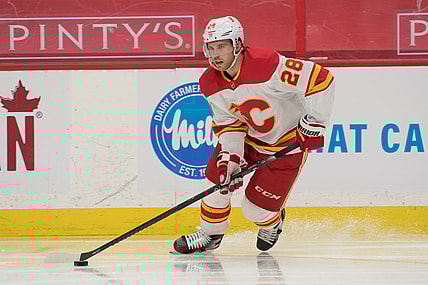 Mar 22, 2021; Ottawa, Ontario, CAN; Calgary Flames center Elias Lindholm (28) skates with the puck in the second period against the Ottawa Senators at the Canadian Tire Centre. Mandatory Credit: Marc DesRosiers-USA TODAY Sports