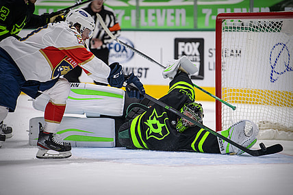 Mar 27, 2021; Dallas, Texas, USA; Dallas Stars goaltender Anton Khudobin (35) allows a second goal to Florida Panthers center Carter Verhaeghe (23) during the first period at the American Airlines Center. Mandatory Credit: Jerome Miron-USA TODAY Sports
