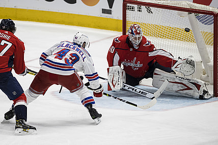 Mar 28, 2021; Washington, District of Columbia, USA; New York Rangers center Colin Blackwell (43) scores a goal against Washington Capitals goaltender Ilya Samsonov (30) during the third period at Capital One Arena. Mandatory Credit: Scott Taetsch-USA TODAY Sports